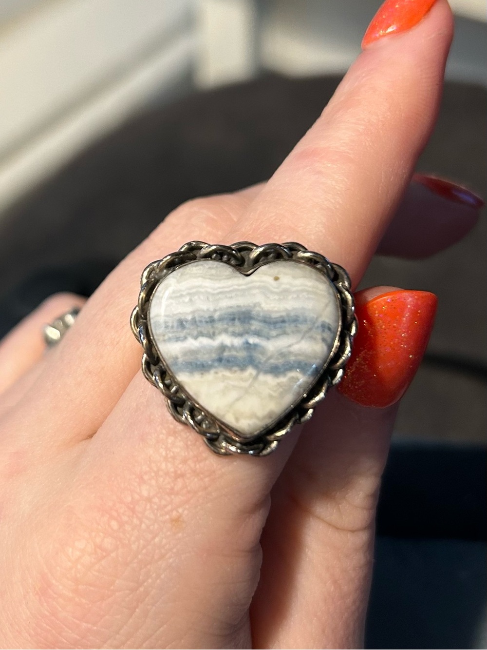 Heart-Shaped Blue and White Stone and sterling silver ring.